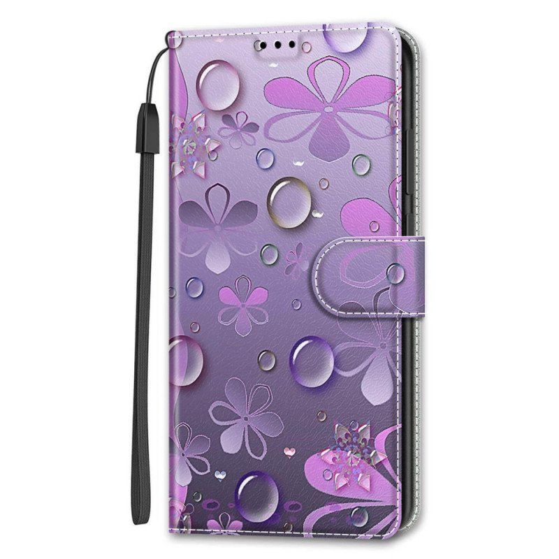 Etui Folio do Samsung Galaxy S22 Ultra 5G Krople Wody Ze Smyczą