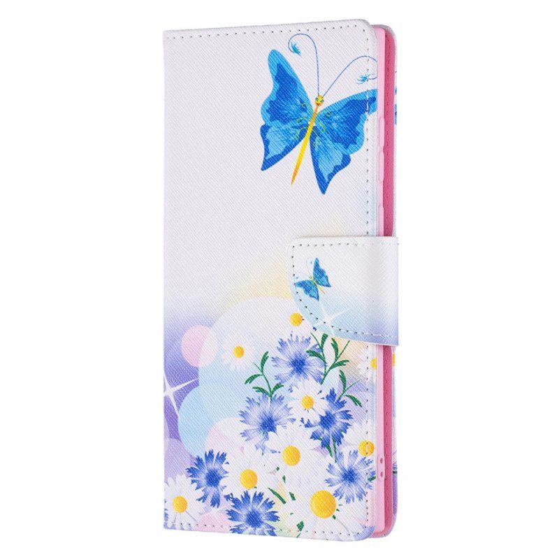 Etui Folio do Samsung Galaxy S22 Ultra 5G Malowane Motyle I Kwiaty