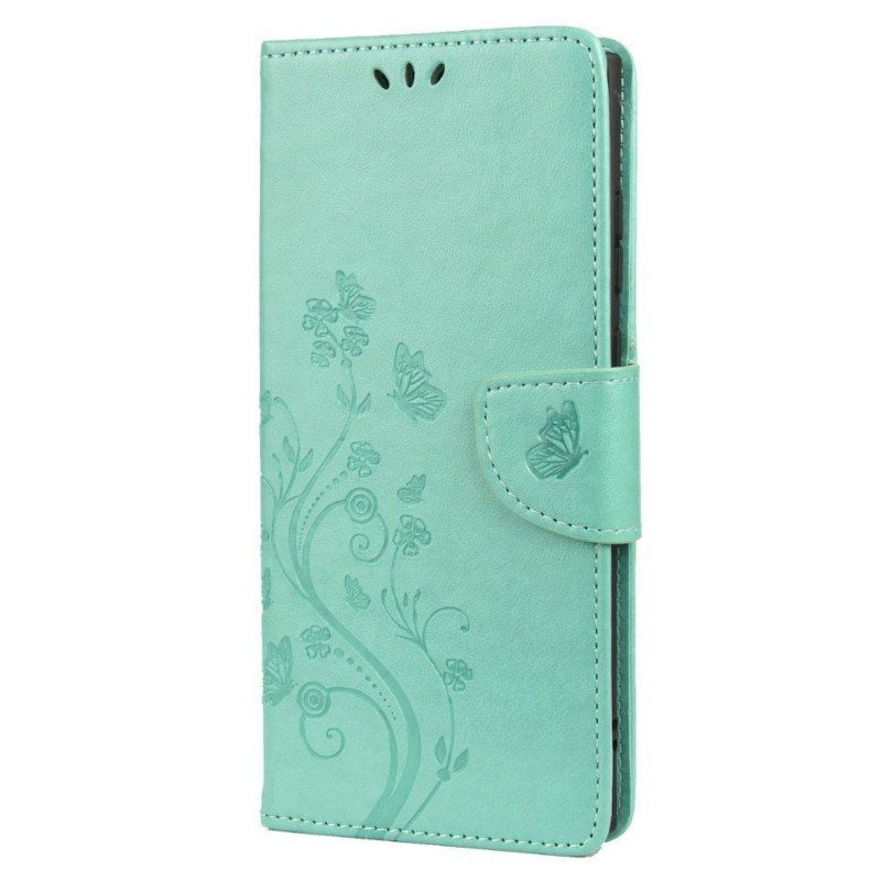 Etui Folio do Samsung Galaxy S22 Ultra 5G Motyle I Kwiaty Z Smyczem