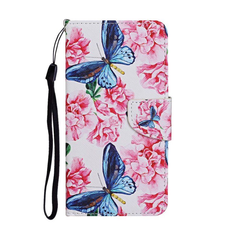 Etui Folio do Samsung Galaxy S22 Ultra 5G Smycz W Kwiaty Motyle