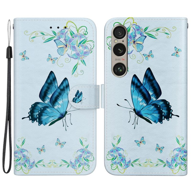 Etui Folio Sony Xperia 1 Vi Niebieski Motyl I Kwiaty Z Paskiem