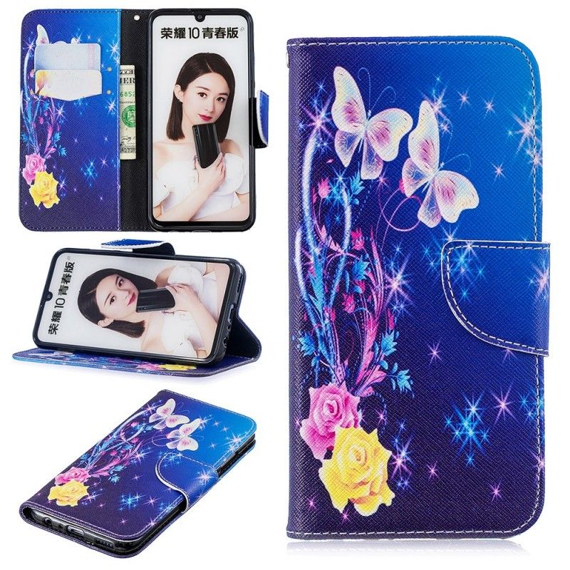 Etui Folio Honor 10 Lite Jasnoniebieski Różowy Motyle W Nocy Etui Ochronne