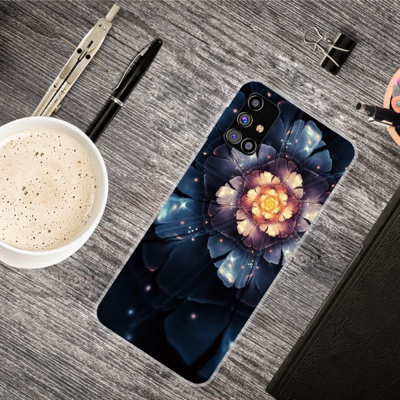 Etui Samsung Galaxy M51 Brązowy Pomarańczowy Elastyczne Kwiaty