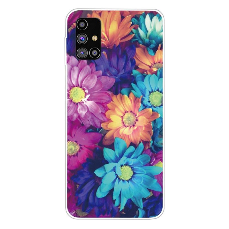 Etui Samsung Galaxy M51 Brązowy Pomarańczowy Elastyczne Kwiaty