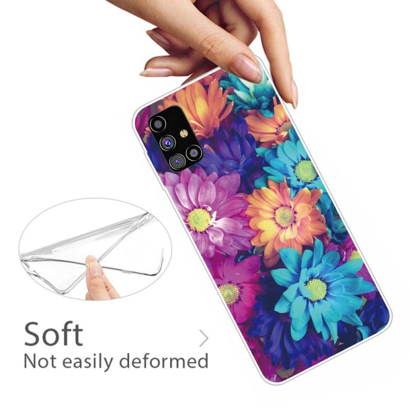 Etui Samsung Galaxy M51 Brązowy Pomarańczowy Elastyczne Kwiaty