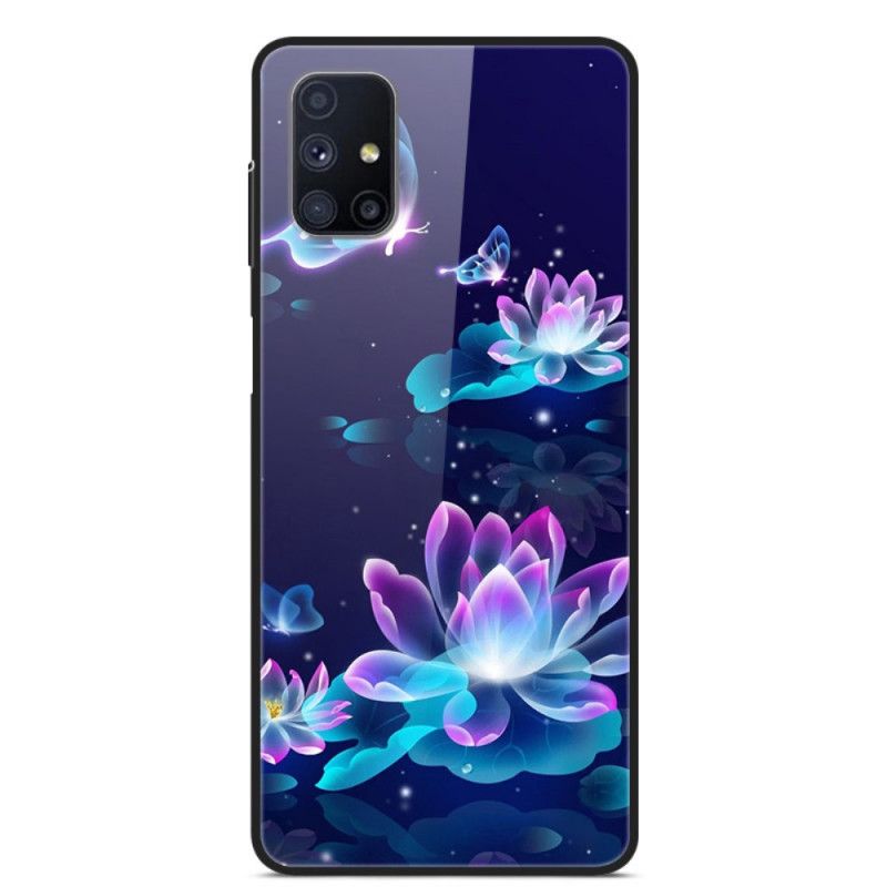 Etui Samsung Galaxy M51 Granatowy Ciemnoniebieski Ozdobne Kwiaty Ze Szkła Hartowanego