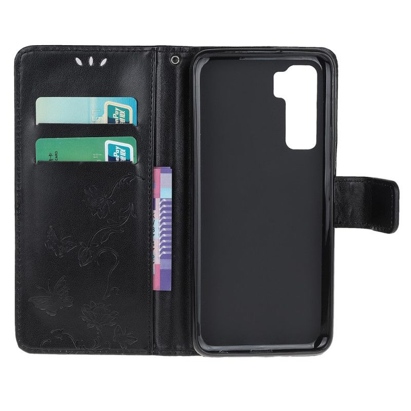 Etui Folio Huawei P40 Lite 5G Czarny Motyle I Kwiaty Etui Ochronne