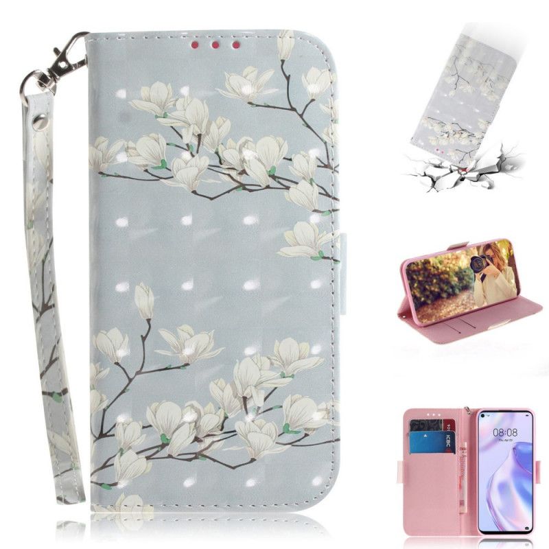 Etui Folio Huawei P40 Lite 5G Zielony Szary Kwitnące Drzewo Ze Stringami Etui Ochronne