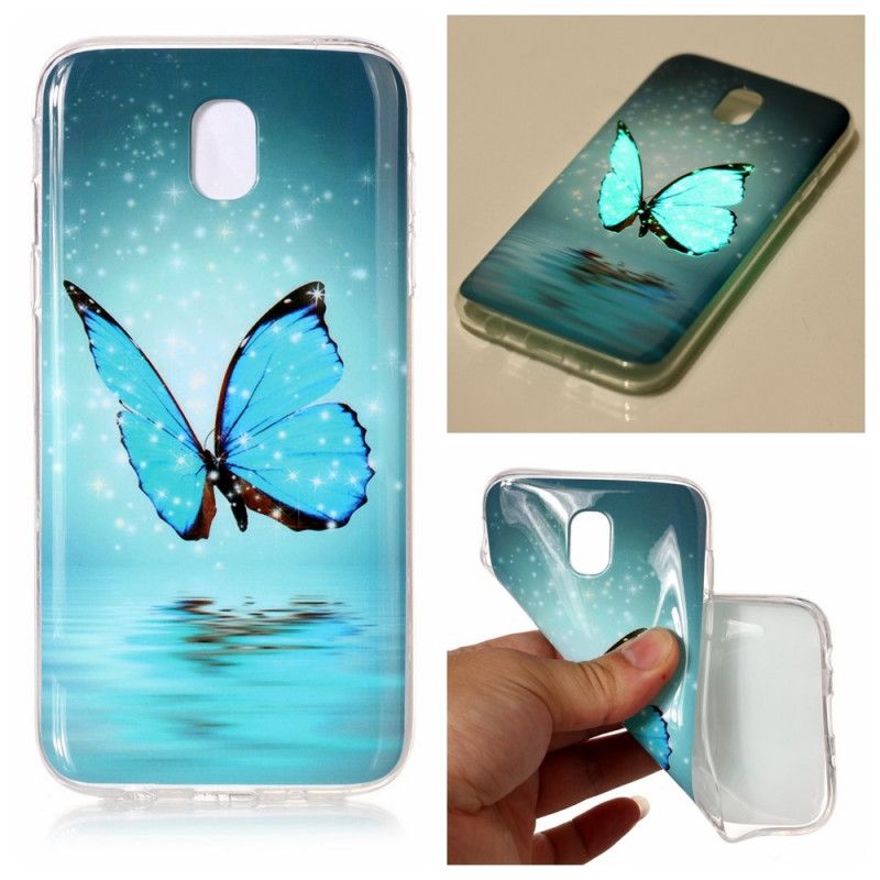 Etui Samsung Galaxy J7 2017 Fluorescencyjny Niebieski Motyl Etui Ochronne