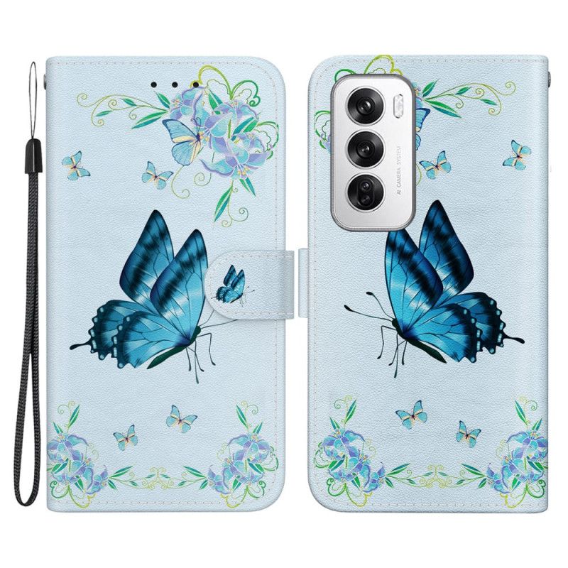 Etui Folio Oppo Reno 12 5g Niebieskie Motyle I Kwiaty Z Paskiem