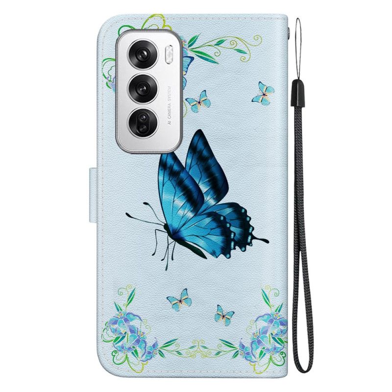 Etui Folio Oppo Reno 12 5g Niebieskie Motyle I Kwiaty Z Paskiem