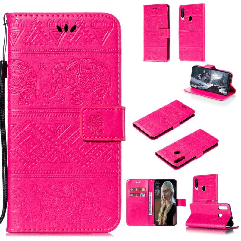 Etui Folio Samsung Galaxy A20s Ciemnoniebieski Magenta Słonie Plemienne Ze Sztucznej Skóry