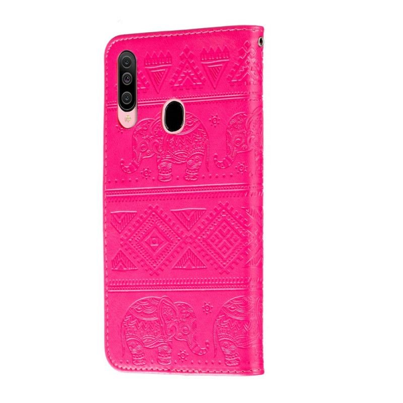 Etui Folio Samsung Galaxy A20s Ciemnoniebieski Magenta Słonie Plemienne Ze Sztucznej Skóry