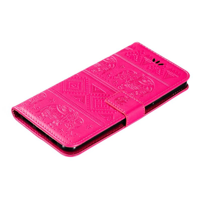 Etui Folio Samsung Galaxy A20s Ciemnoniebieski Magenta Słonie Plemienne Ze Sztucznej Skóry