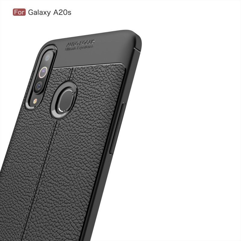 Etui Samsung Galaxy A20s Czerwony Czarny Efekt Skóry Z Podwójną Linią Liczi