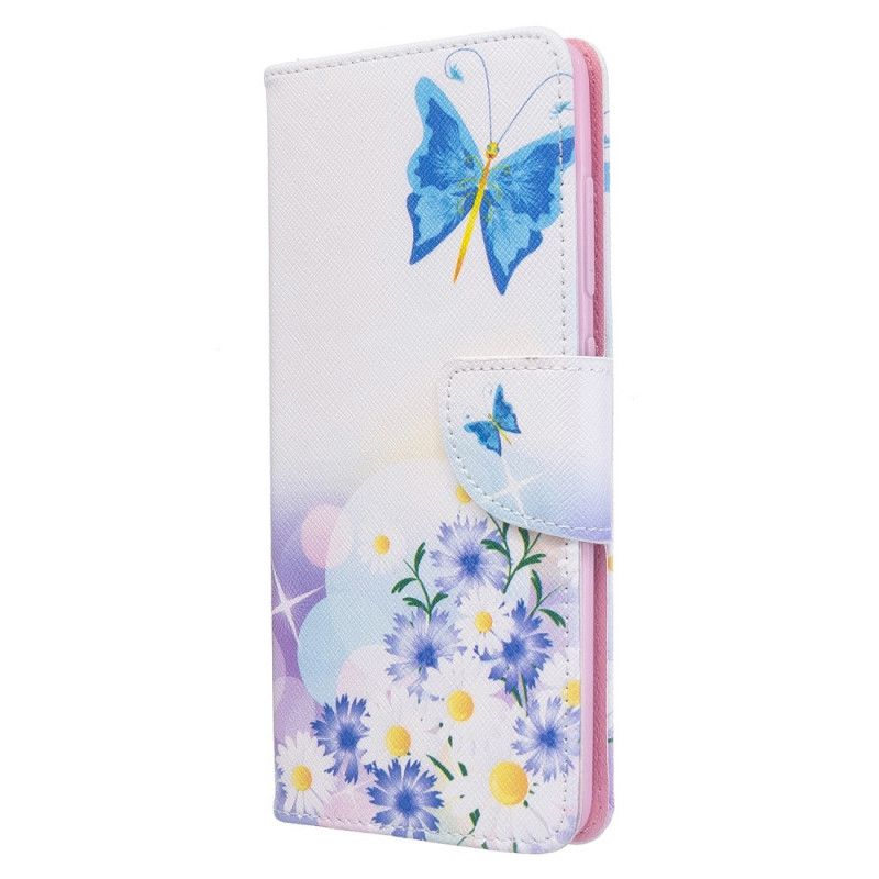 Etui Folio Samsung Galaxy A51 Jasnoniebieski Magenta Malowane Motyle I Kwiaty Etui Ochronne