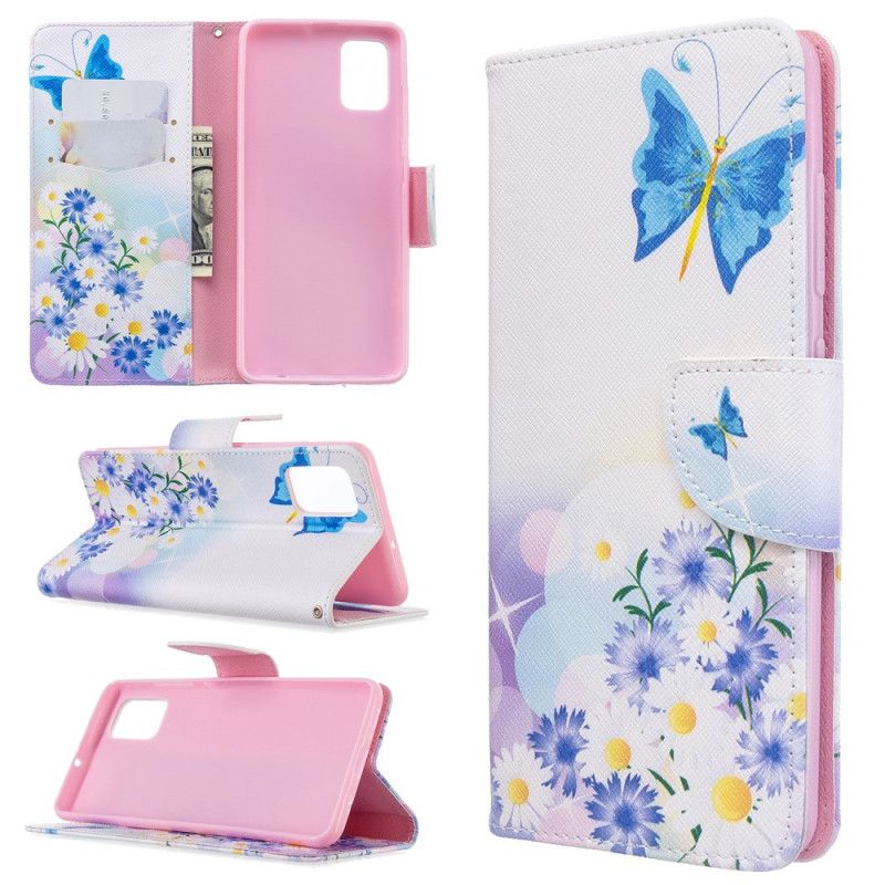 Etui Folio Samsung Galaxy A51 Jasnoniebieski Magenta Malowane Motyle I Kwiaty Etui Ochronne