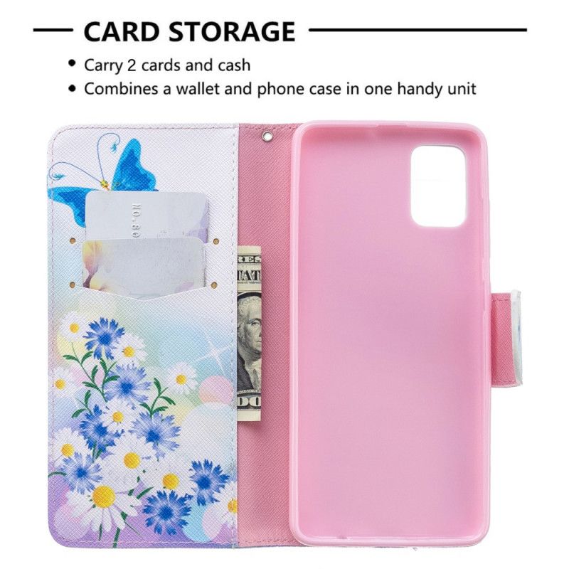 Etui Folio Samsung Galaxy A51 Jasnoniebieski Magenta Malowane Motyle I Kwiaty Etui Ochronne