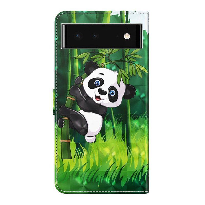 Skórzany Futerał do Google Pixel 7 z Łańcuch Panda I Bambus Z Smyczą